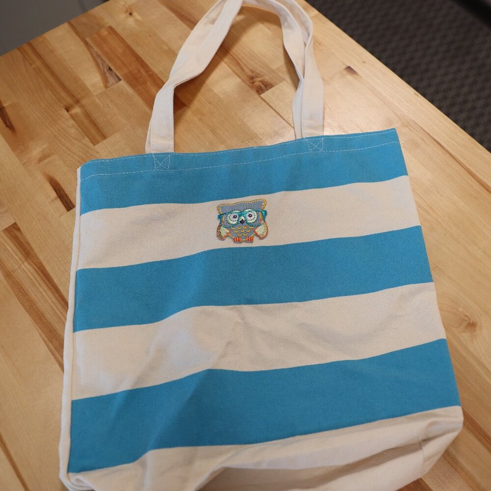 Blue & White Striped Canvas Tote – Embroidered Owl Design, New without tags
